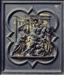 Cristo Perseguindo os Mercadores do Templo, sétimo painel das Portas do Norte do Batistério de San Giovanni, 1403-24 (bronze)